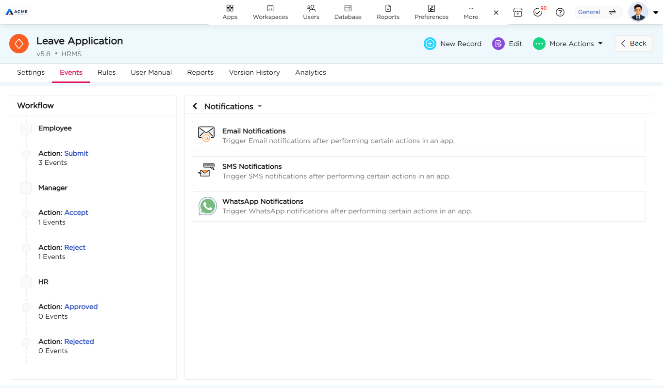Notifications screen with the Email, SMS and WhatsApp notification options