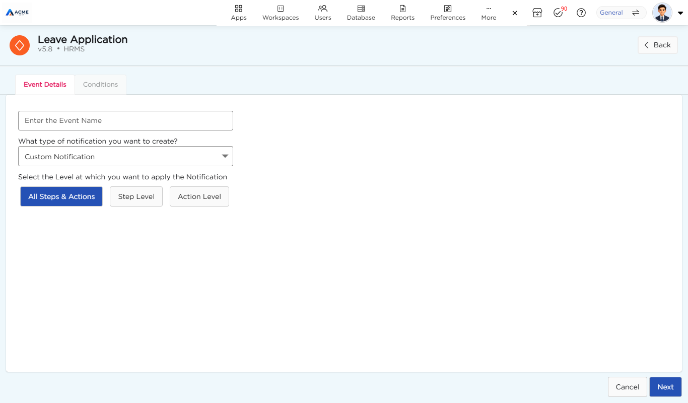 Event Details step with the event name, notification type and level options