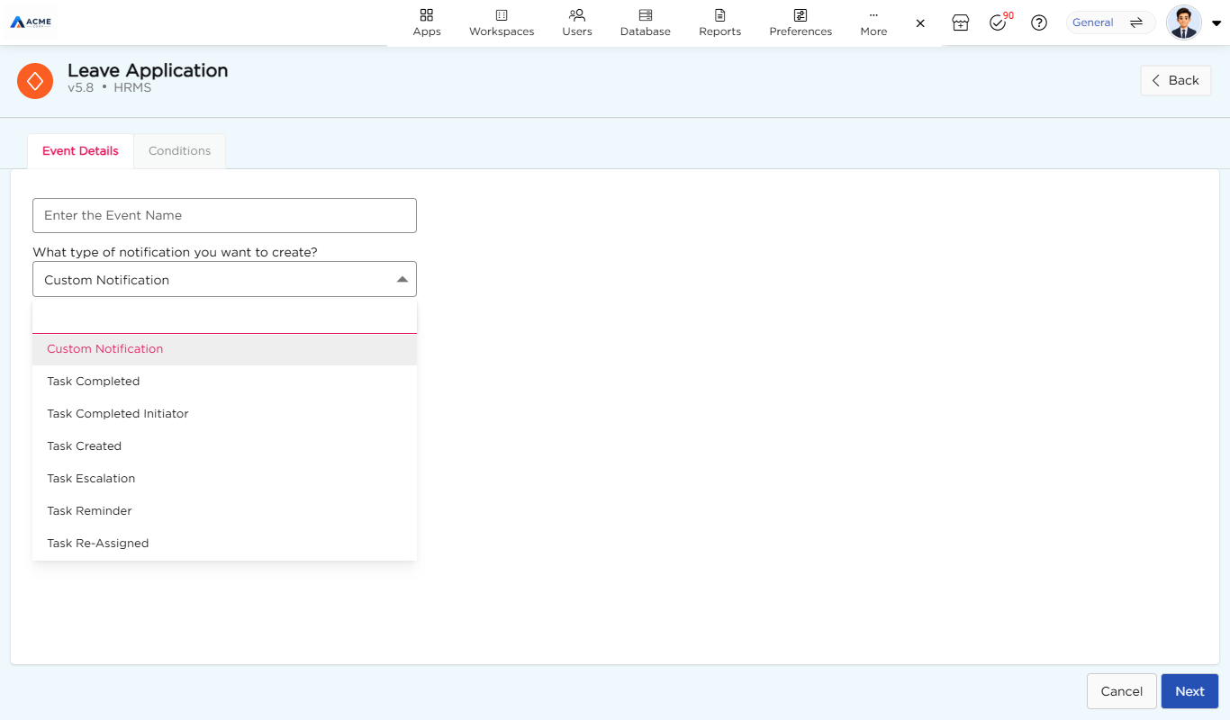 Notification type list showing Custom Notification, Task Completed, Task Completed Initiator, Task Created, Task Escalation, Task Reminder and Task Re-Assigned