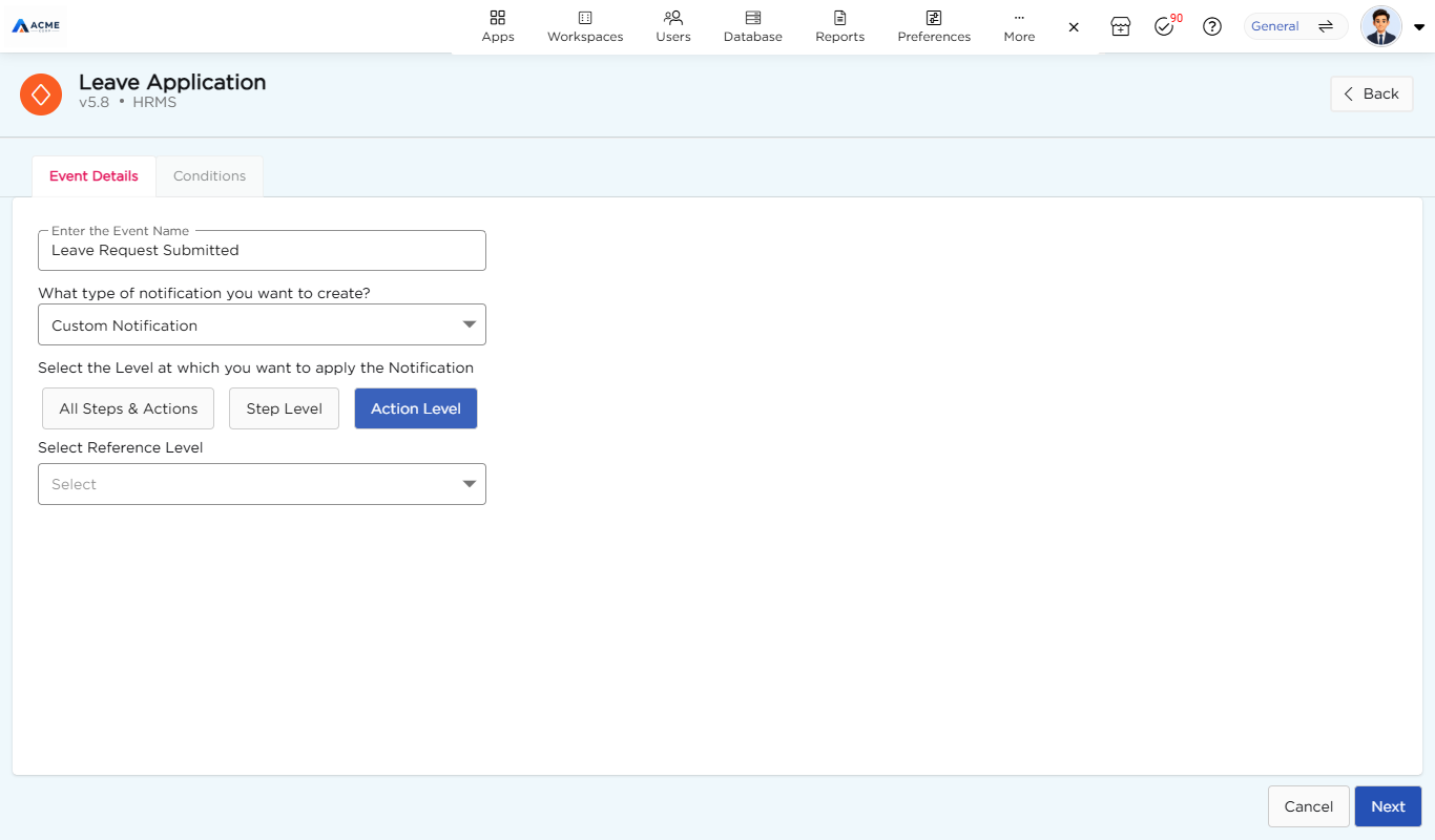 Action Level selected with the Select Reference Level list