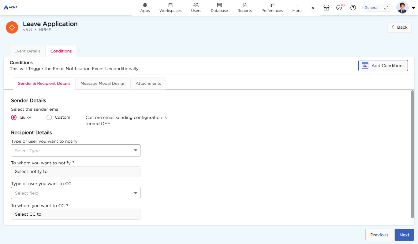 Sender and Recipient Details tab with the sender, recipient and CC fields
