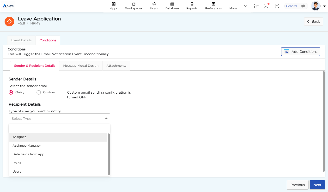 Type of user you want to notify list showing Assignee, Assignee Manager, Data fields from app, Roles and Users