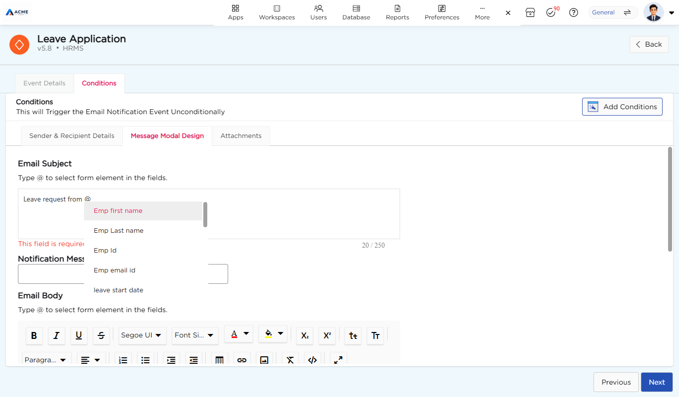 Message Modal Design tab with the list of app fields that appears when you type @ in the subject