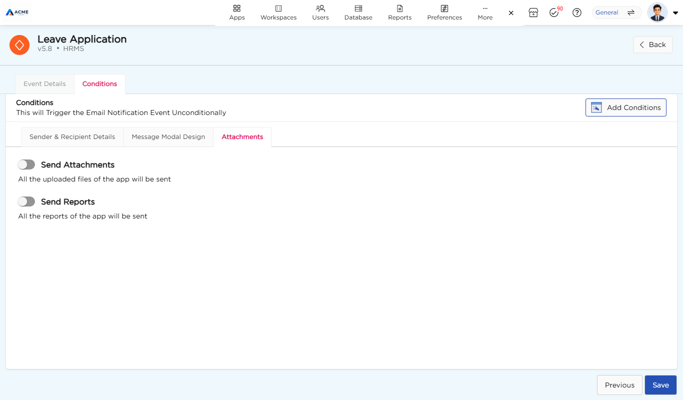 Attachments tab with the Send Attachments and Send Reports options and the Save button