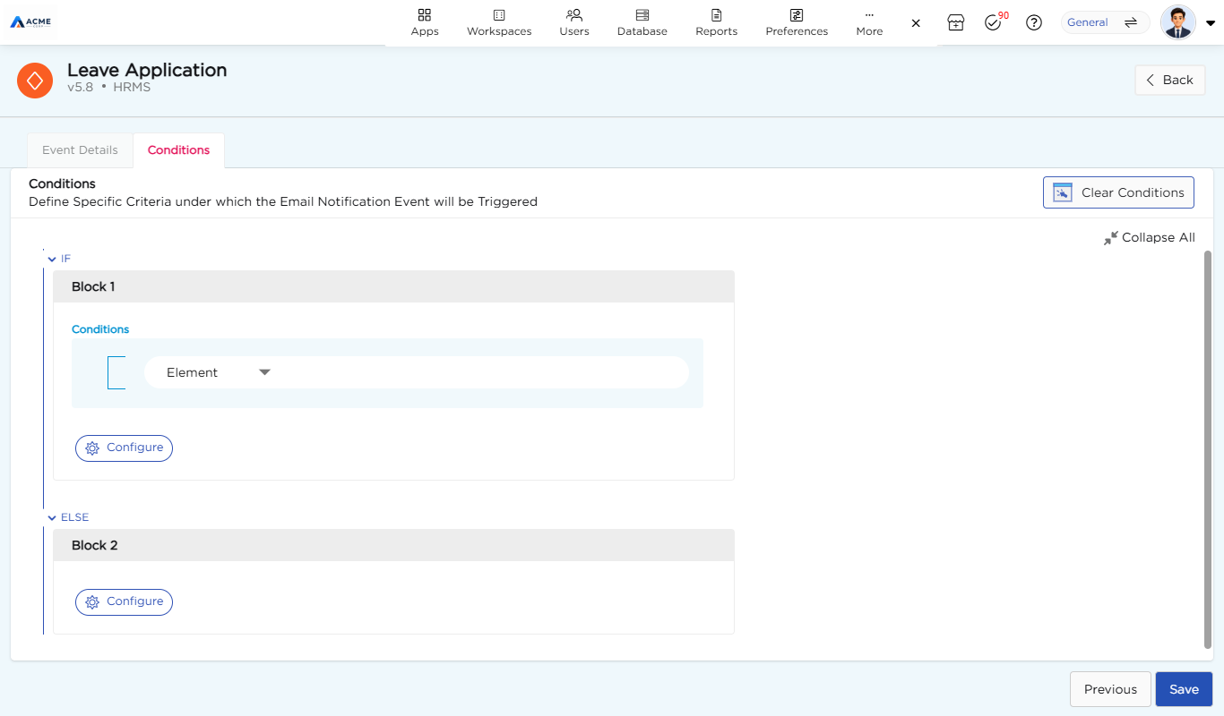 Conditions step with an IF block and an ELSE block, each with a Configure button