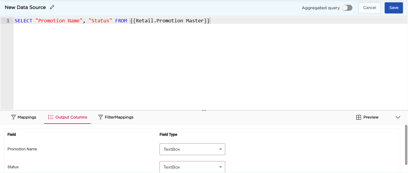 Output Columns tab showing the columns returned by the query