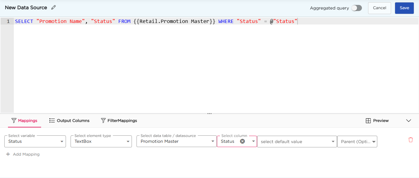 Mappings tab with a mapping for the Status parameter