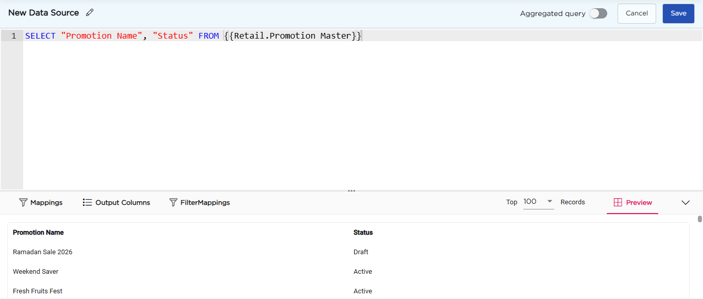 Preview tab showing the results of the query