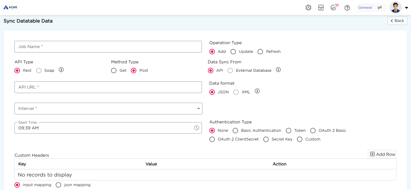 Sync Datatable Data form showing the job name, operation type, API settings, interval, start time and authentication type