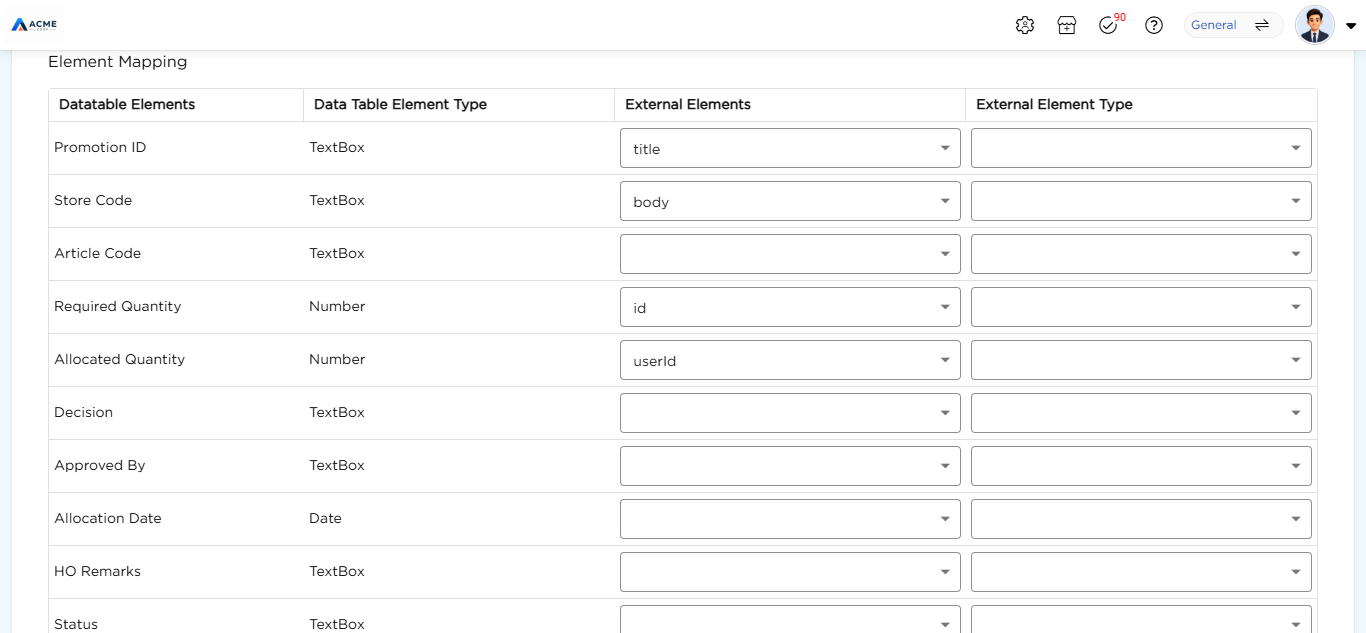 Element Mapping table with data table elements mapped to external elements