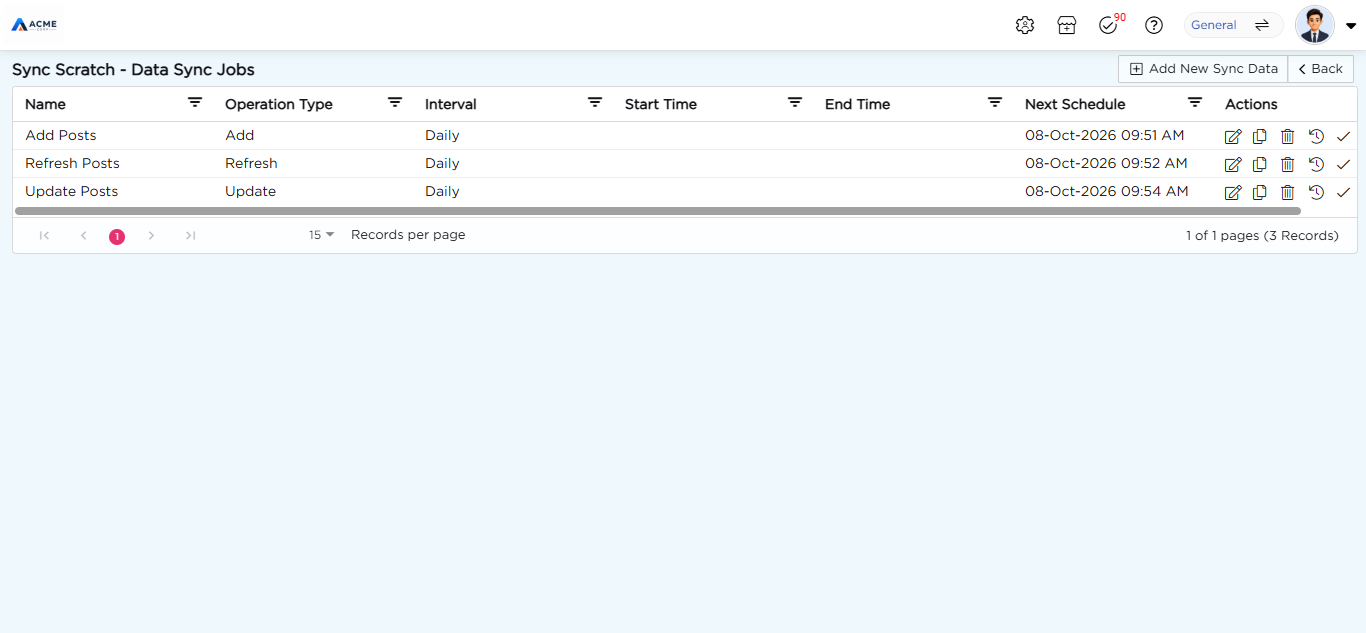 Data Sync Jobs list with the Edit, Copy, Delete, History and Execute Sync icons in the Actions column