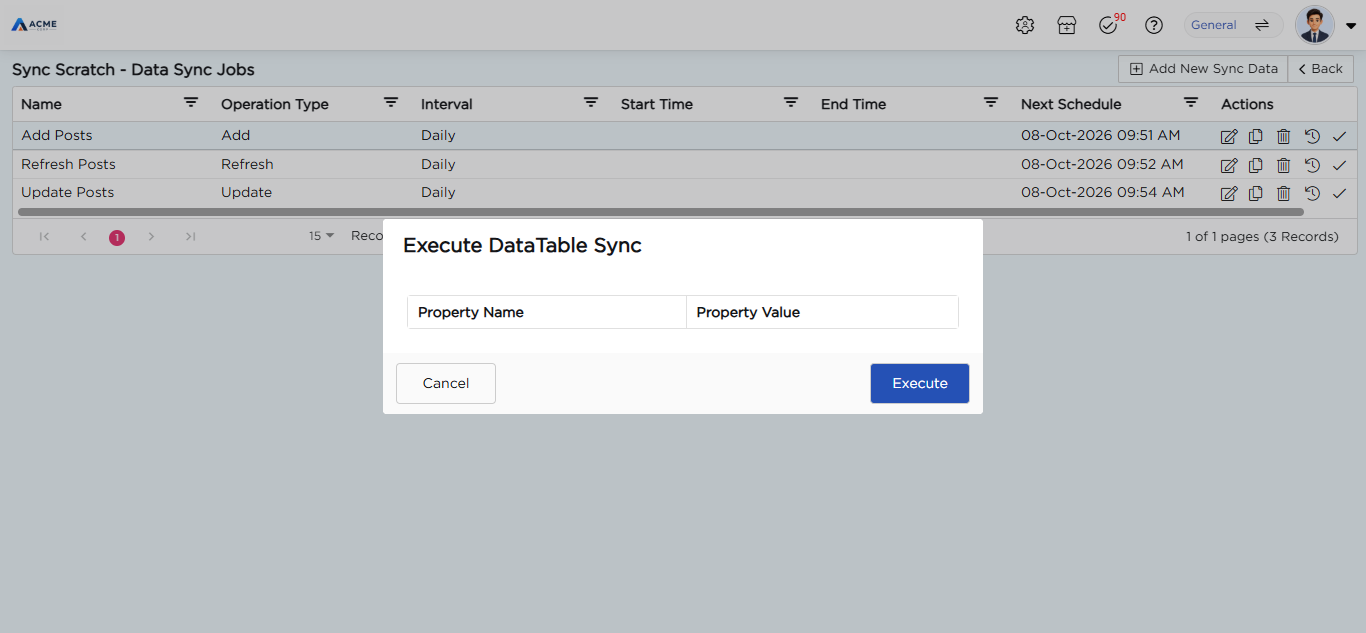 Execute DataTable Sync dialog with Cancel and Execute buttons