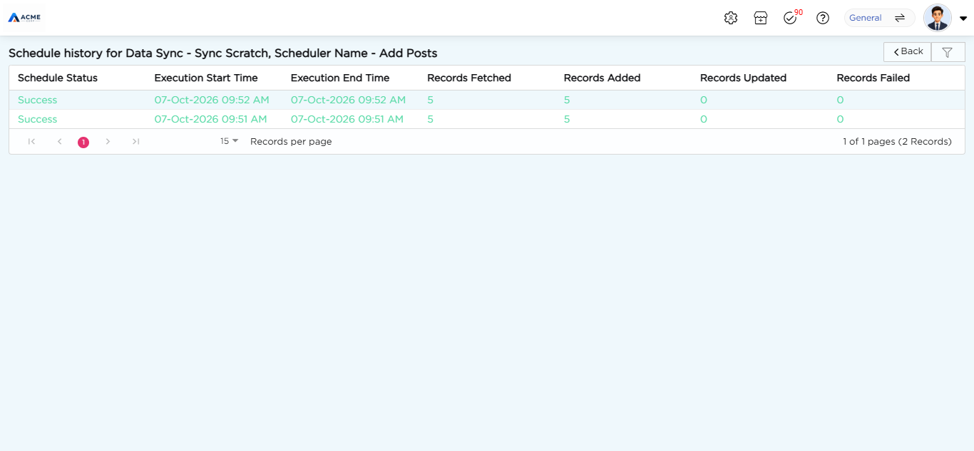 Schedule history for a Data Sync job showing the status and record counts of each run