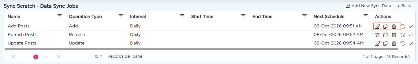 Data Sync Jobs list with the Edit, Copy and Delete icons highlighted in the Actions column