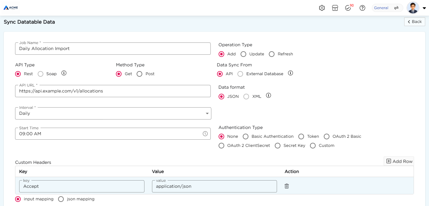 Sync Datatable Data form filled in with a job name, REST API URL, daily interval, start time and a custom header