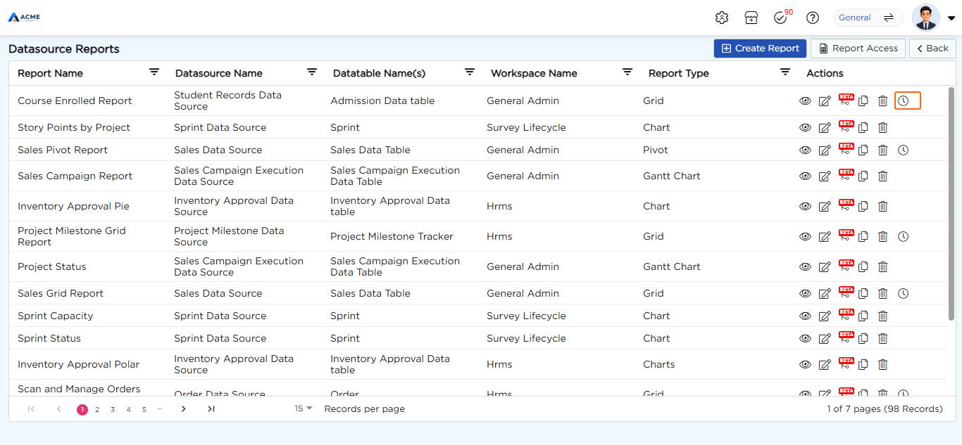 Reports list with the Schedules (clock) icon highlighted in the Actions column