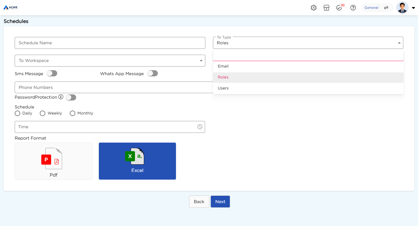 To Type dropdown showing the Email, Roles and Users options