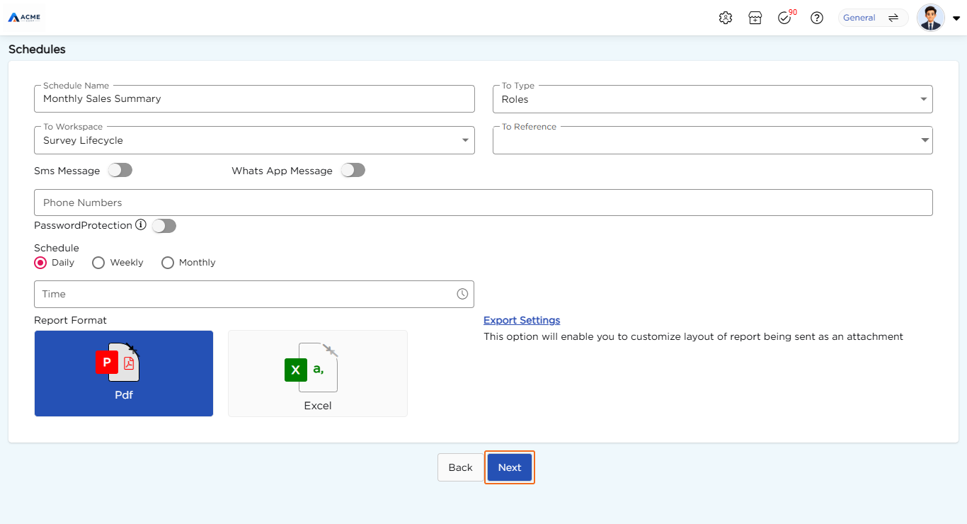 Report Format with PDF selected, the Export Settings link shown and the Next button highlighted