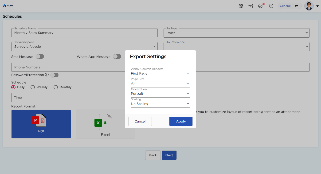 Export Settings dialog with Apply Column Headers, Page Size, Orientation and Scaling options