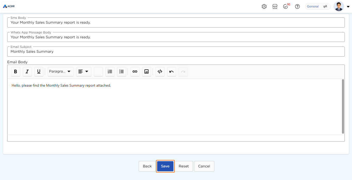 Message page with the SMS body, WhatsApp message body, email subject and email body fields, and the Save button highlighted