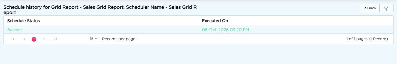 Schedule history page showing the status and execution time of each run