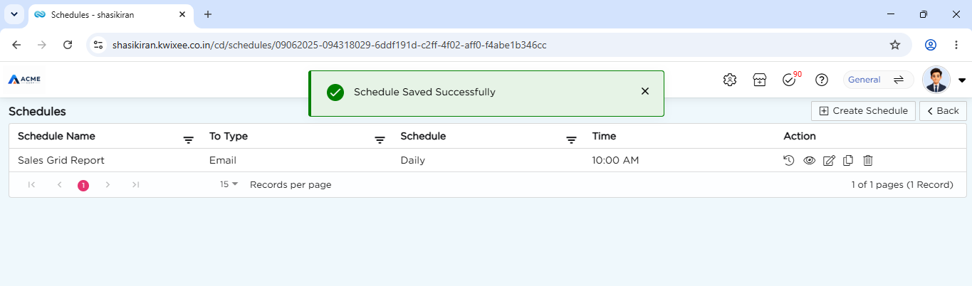 Schedule Saved Successfully message and the new schedule in the Schedules list